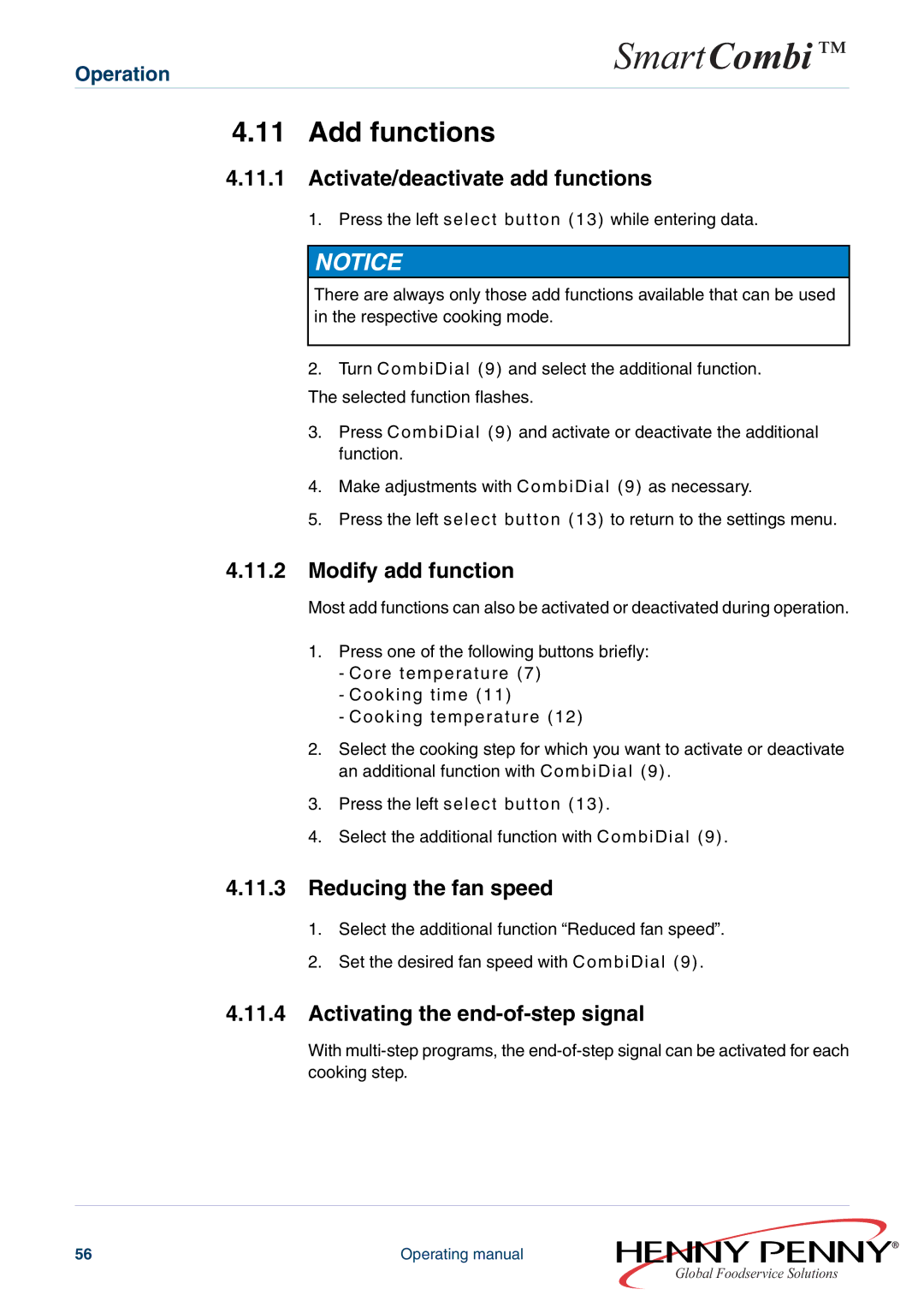 Henny Penny FM05-061-A manual Activate/deactivate add functions, Modify add function, Reducing the fan speed 
