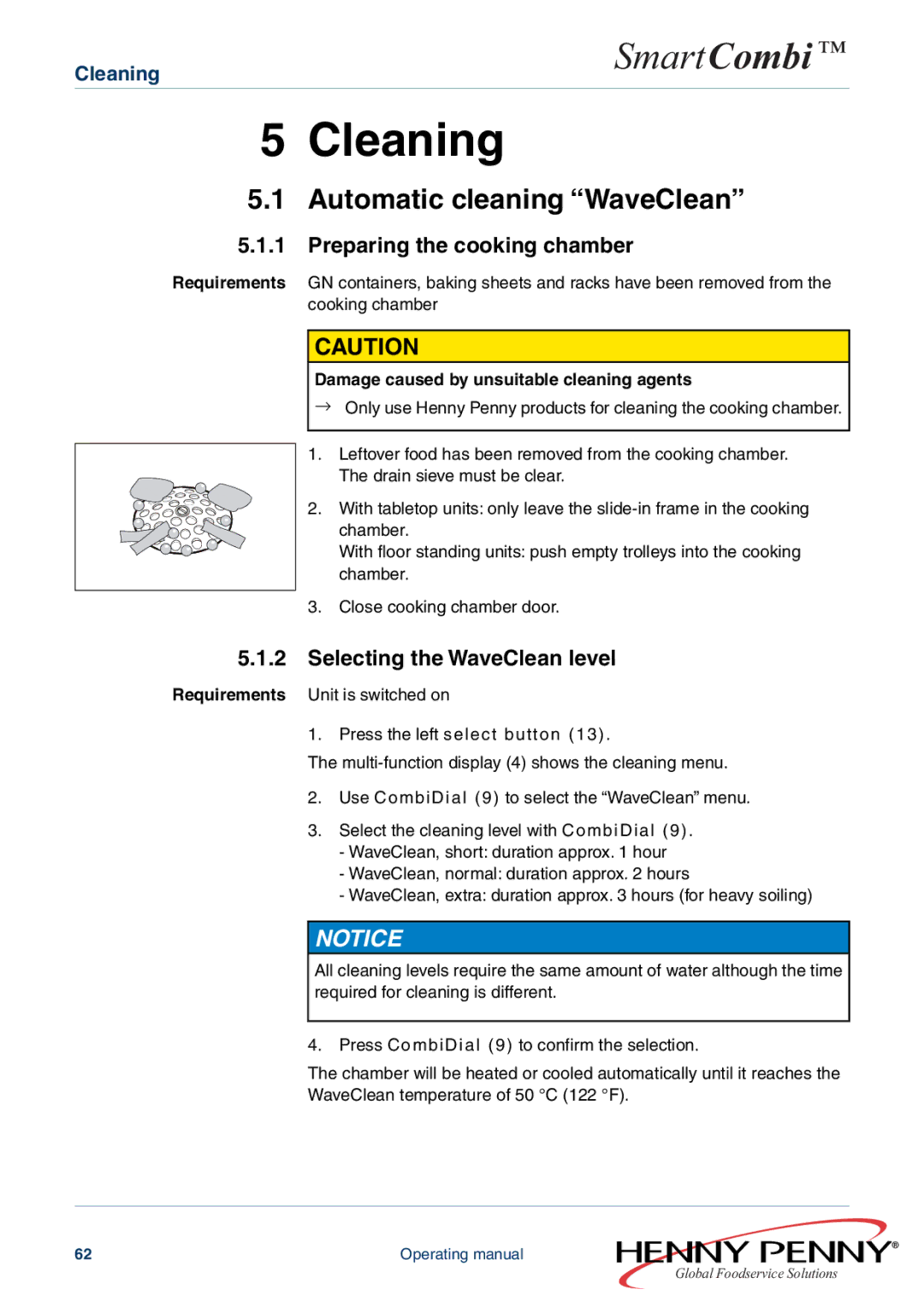 Henny Penny FM05-061-A manual Automatic cleaning WaveClean, Preparing the cooking chamber, Selecting the WaveClean level 