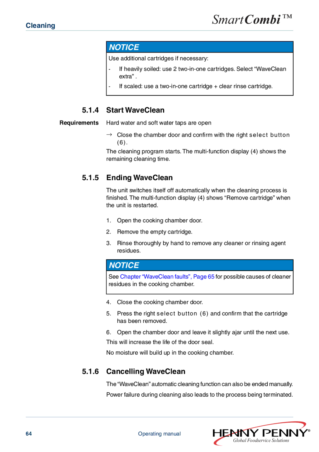 Henny Penny FM05-061-A manual Start WaveClean, Ending WaveClean, Cancelling WaveClean 