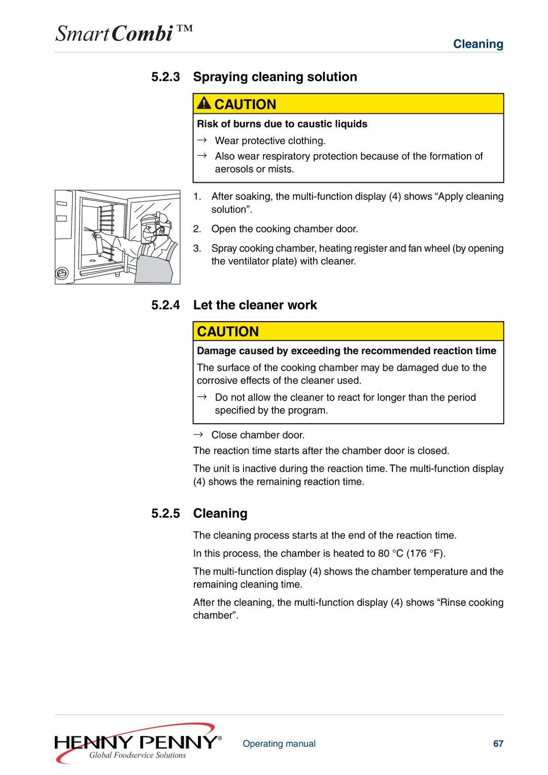 Henny Penny FM05-061-A manual Spraying cleaning solution, Let the cleaner work, Risk of burns due to caustic liquids 