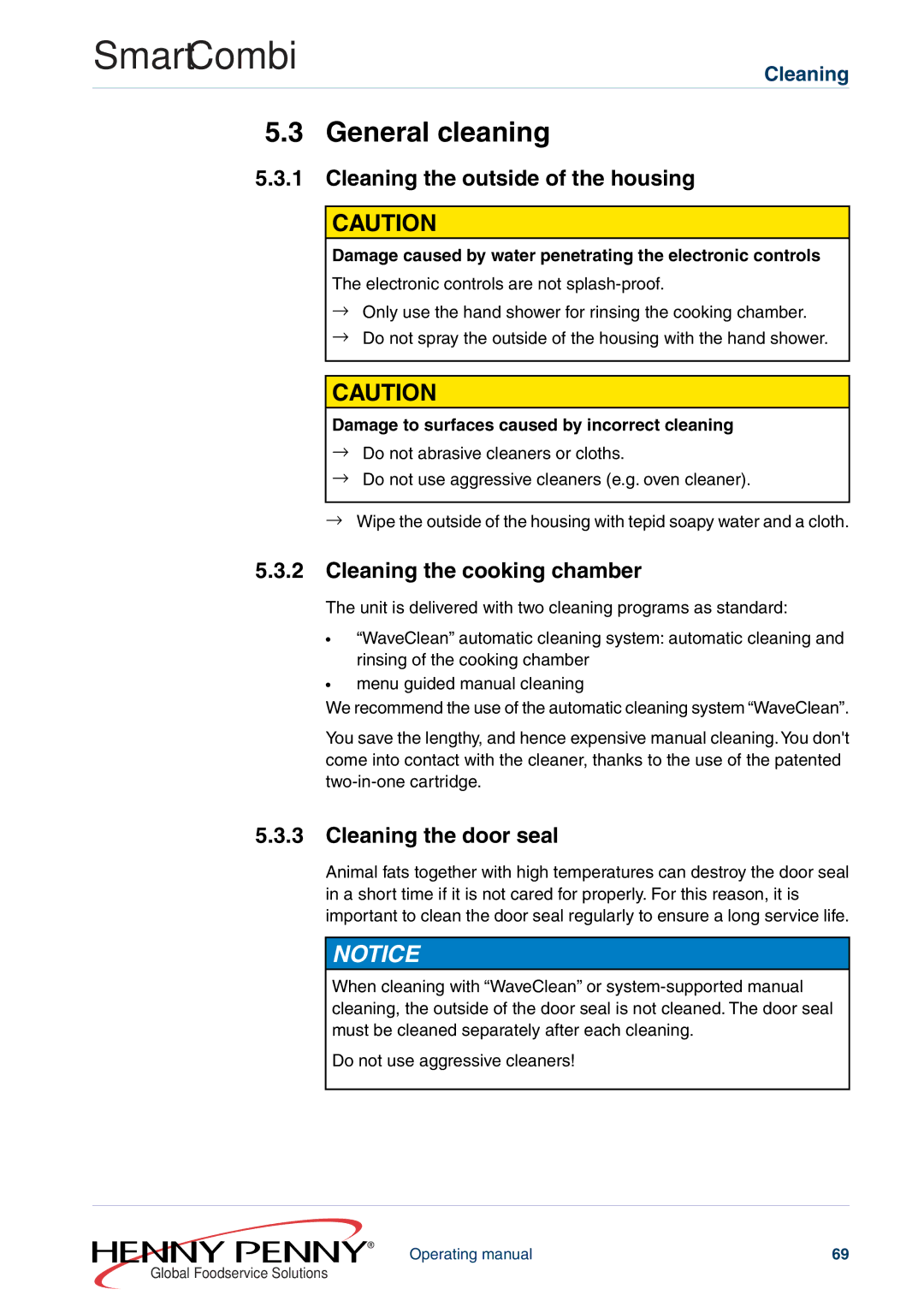 Henny Penny FM05-061-A manual General cleaning, Cleaning the outside of the housing, Cleaning the cooking chamber 