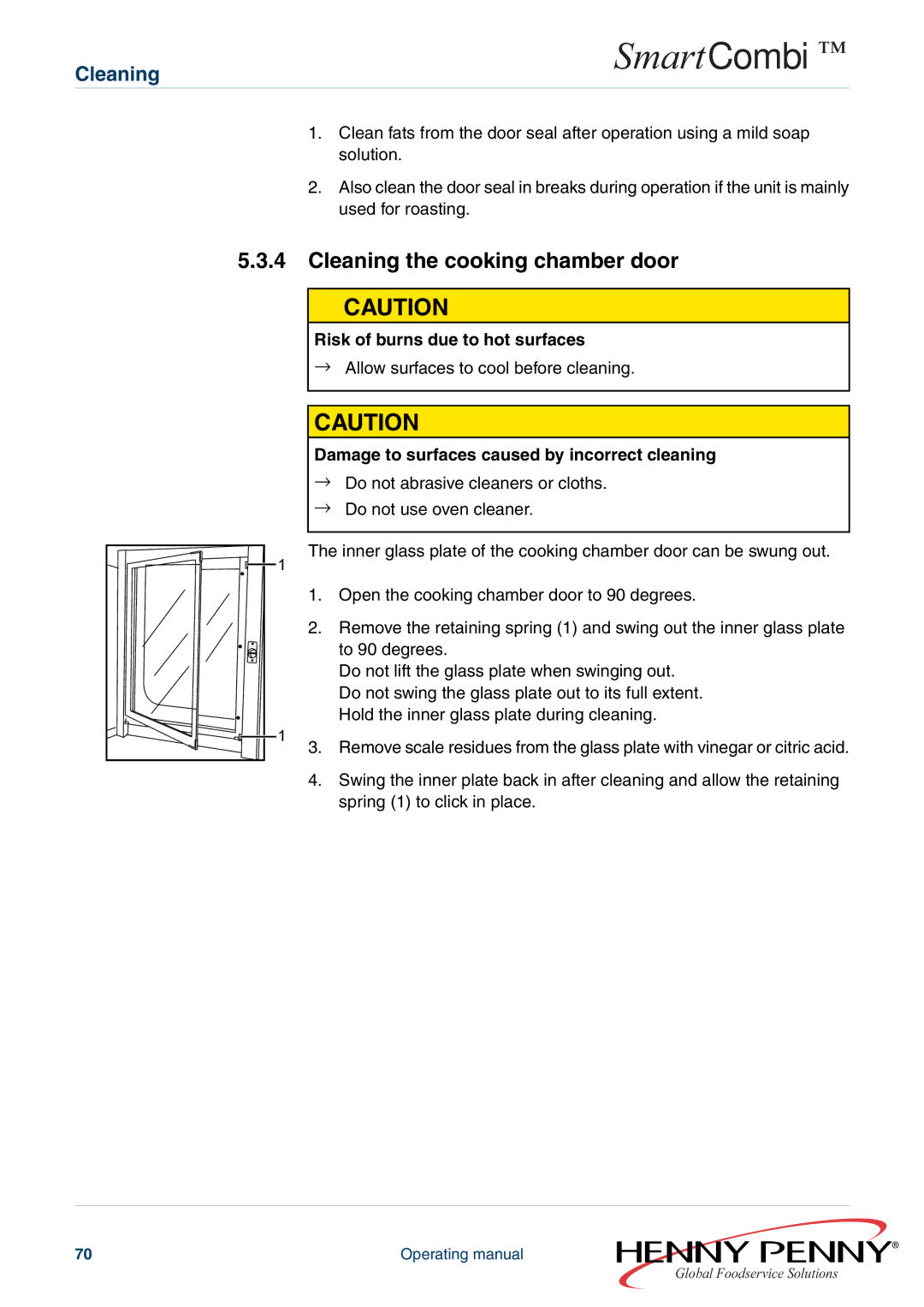 Henny Penny FM05-061-A manual Cleaning the cooking chamber door, Risk of burns due to hot surfaces 