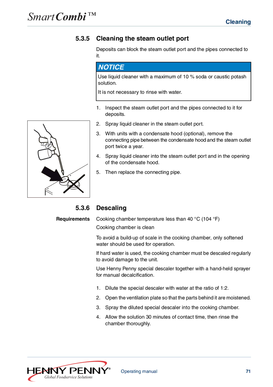 Henny Penny FM05-061-A manual Cleaning the steam outlet port, Descaling 