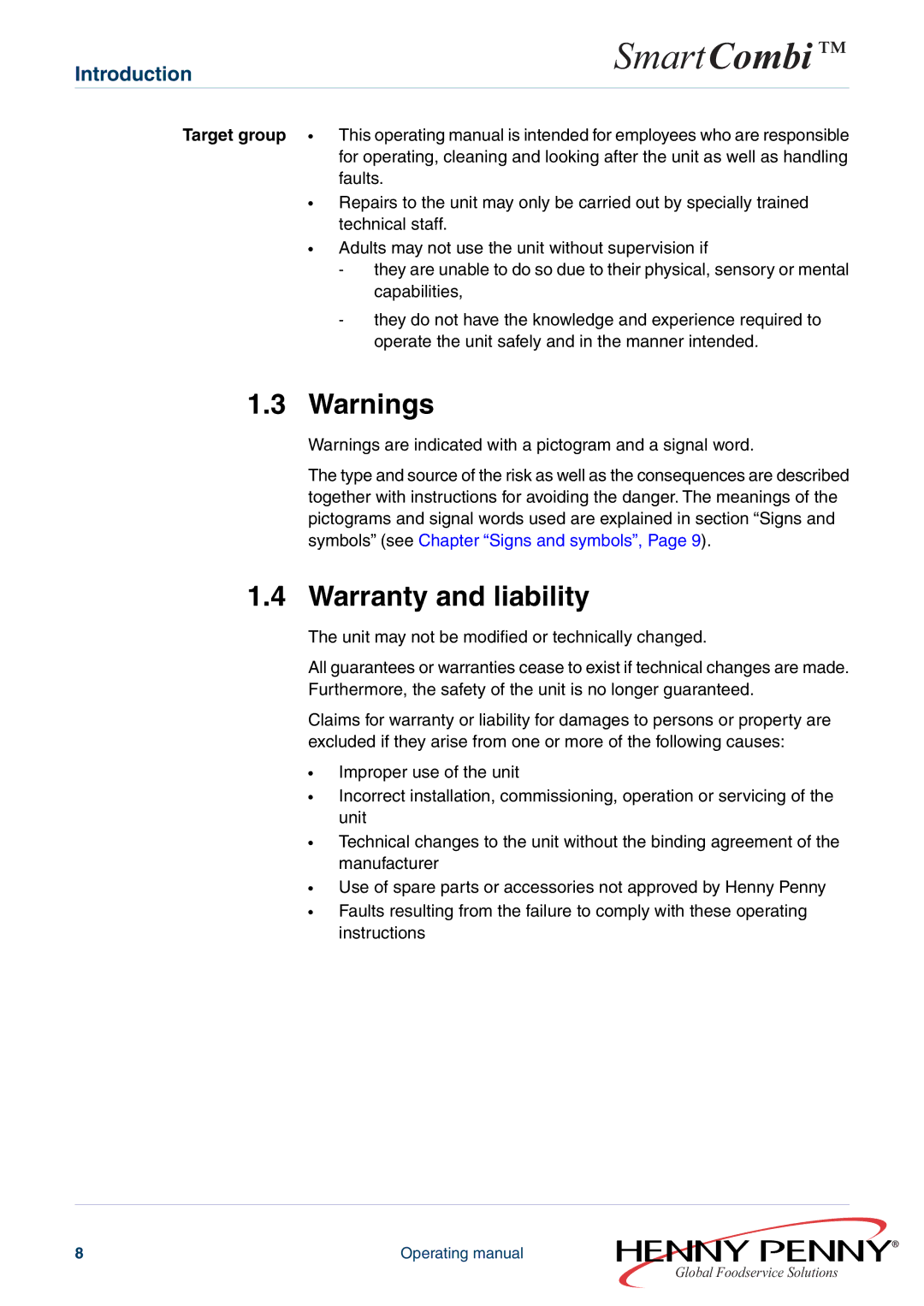 Henny Penny FM05-061-A manual Warranty and liability, Target group 