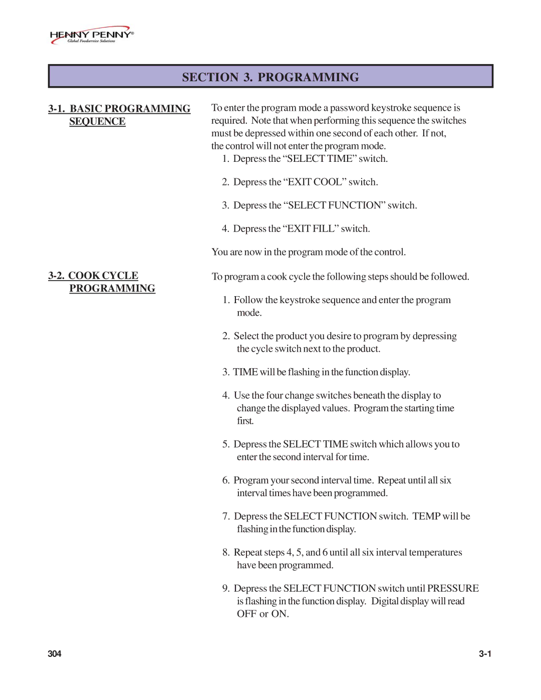 Henny Penny FM07-020-F manual Basic Programming Sequence Cook Cycle Programming 