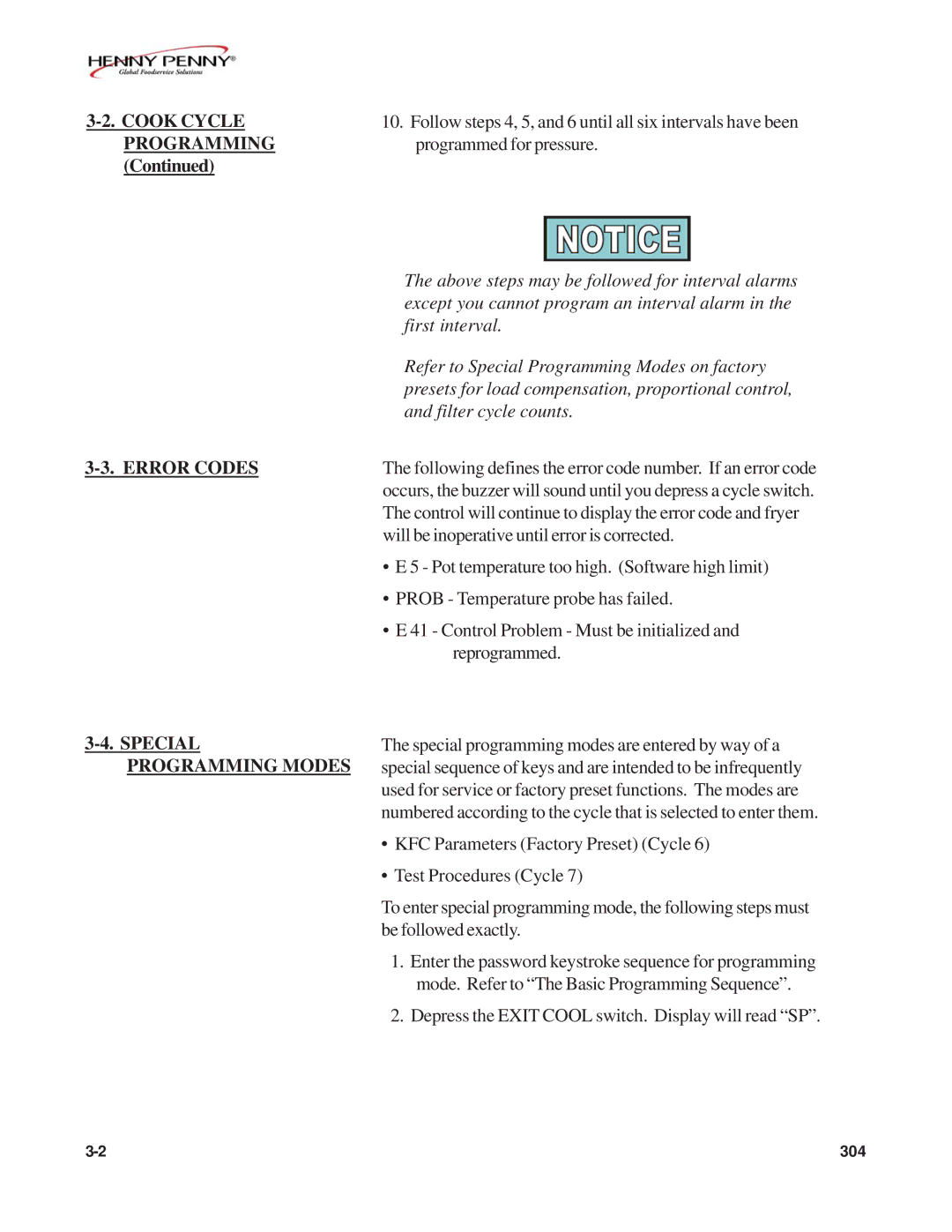Henny Penny FM07-020-F manual Cook Cycle, Error Codes Special Programming Modes 