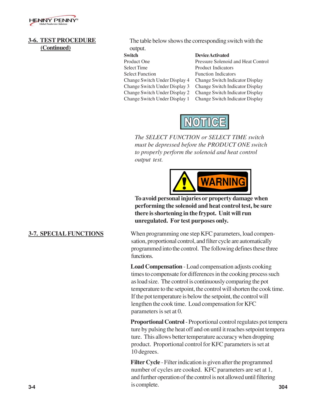 Henny Penny FM07-020-F manual Test Procedure, Special Functions 