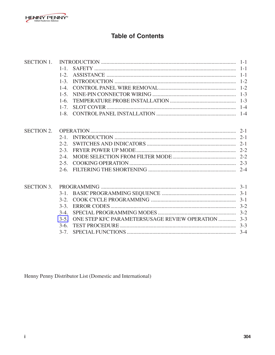 Henny Penny FM07-020-F manual Table of Contents 