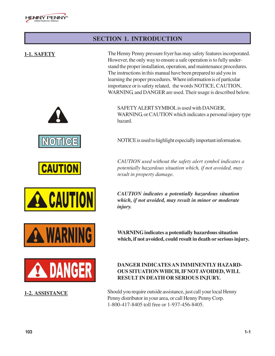 Henny Penny FM07-020-F manual Introduction, Safety Assistance 