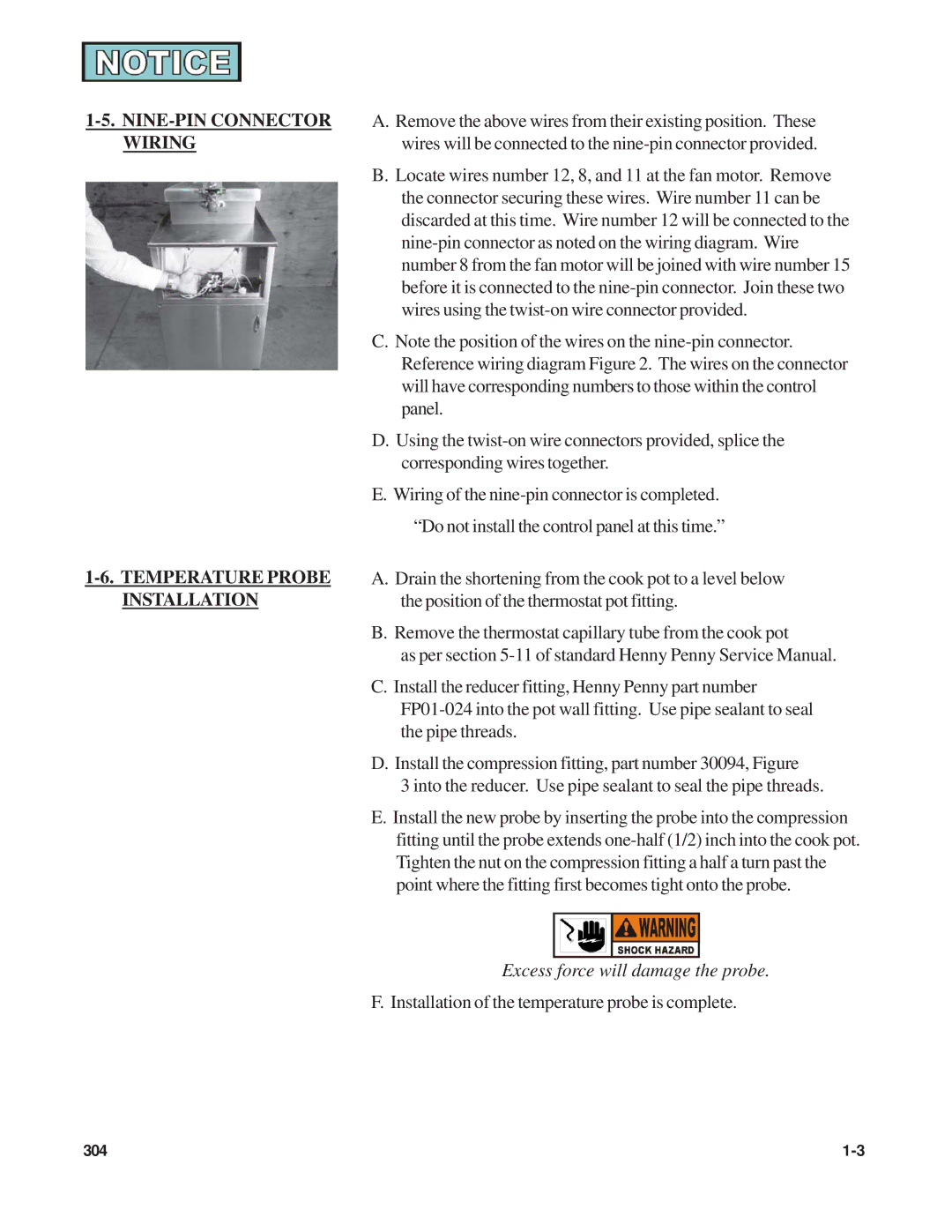 Henny Penny FM07-020-F manual NINE-PIN Connector Wiring Temperature Probe Installation 