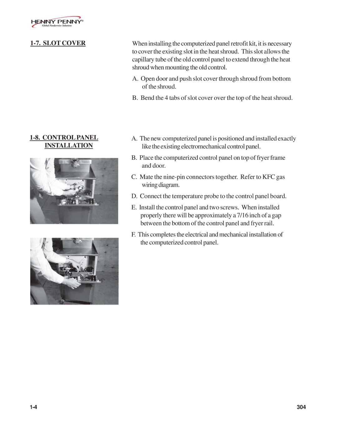 Henny Penny FM07-020-F manual Slot Cover, Control Panel Installation 