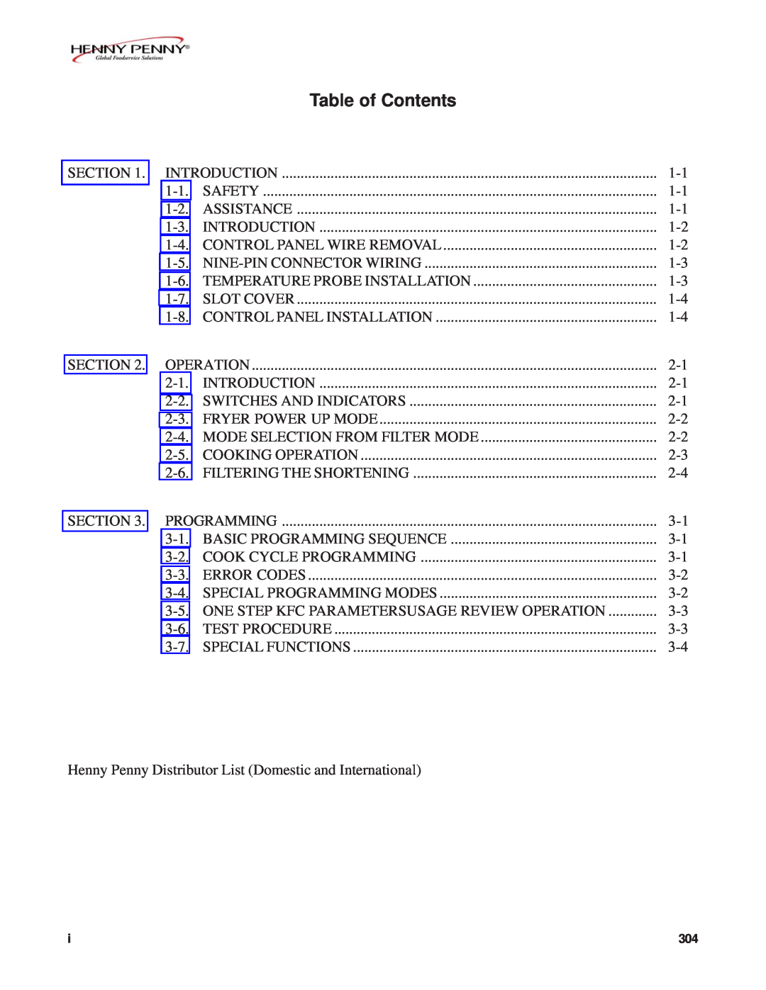 Henny Penny FM07-020-F manual Table of Contents 