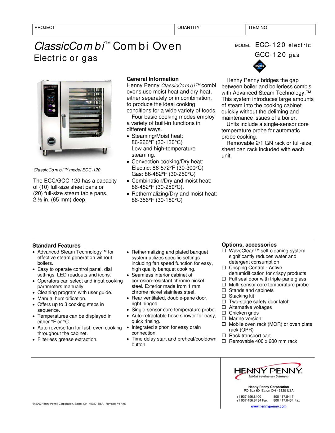 Henny Penny GCC-120 Gas, ECC-120 manual General Information, Standard Features, Options, accessories 