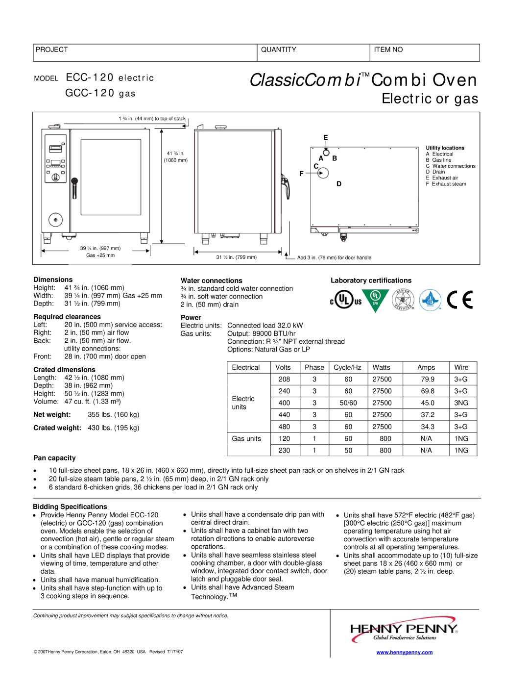 Henny Penny ECC-120 Dimensions, Required clearances, Crated dimensions, Net weight, Pan capacity Water connections, Power 