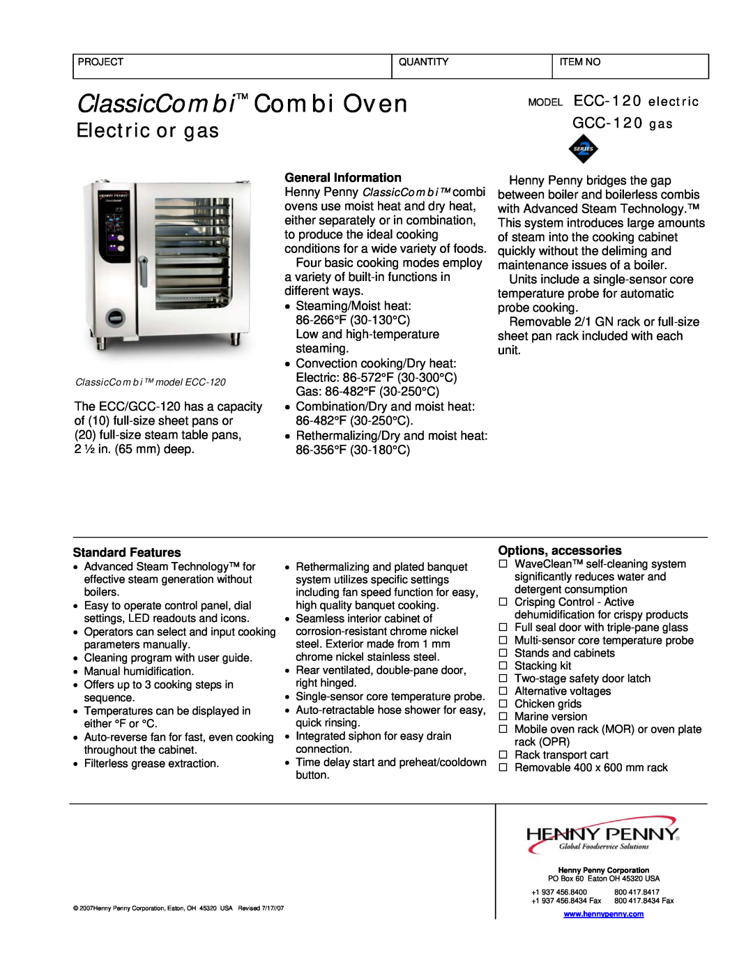Henny Penny manual MODEL ECC-120 electric, GCC-120 gas, ClassicCombi Combi Oven, Electric or gas, General Information 