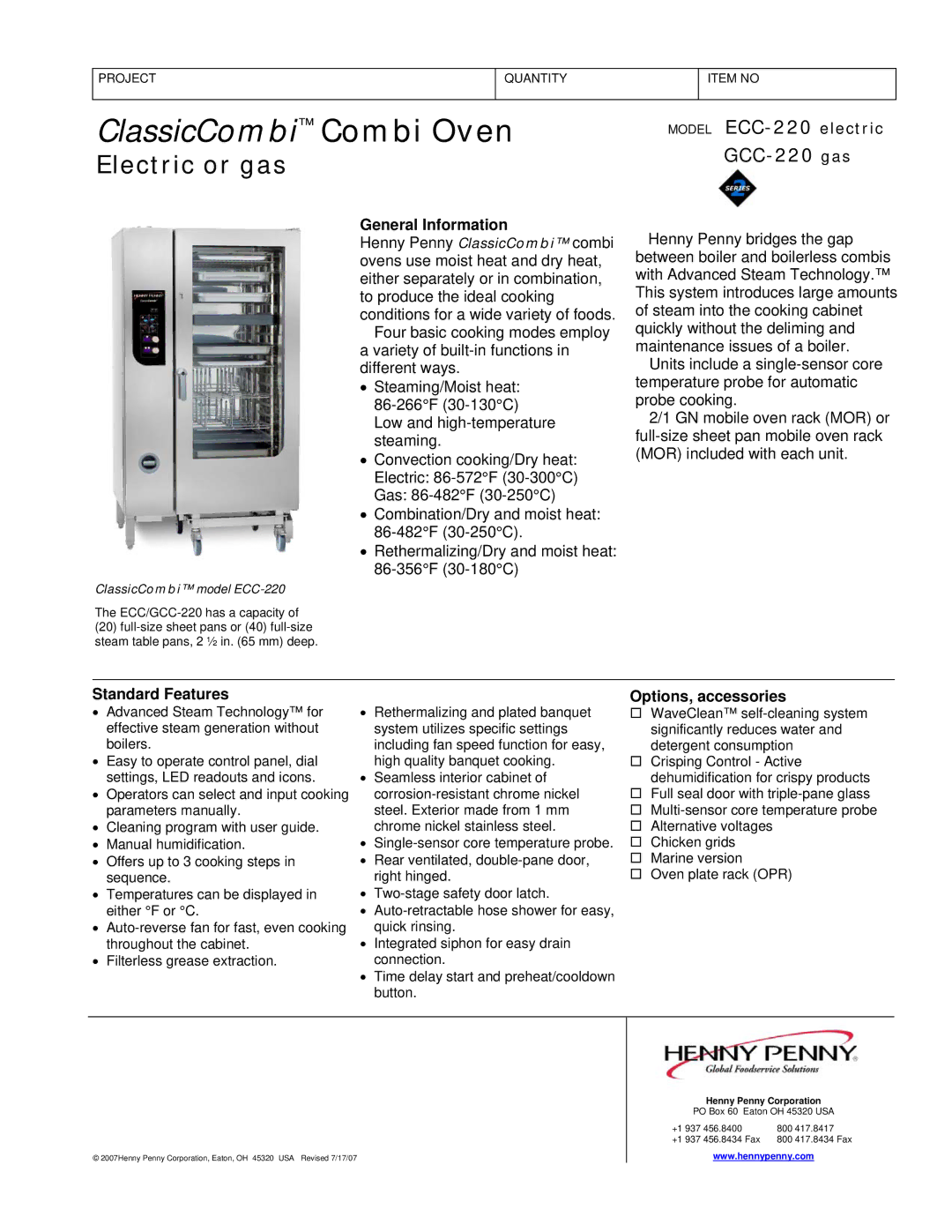 Henny Penny GCC-220 gas, ECC-220 manual General Information, Standard Features, Options, accessories 