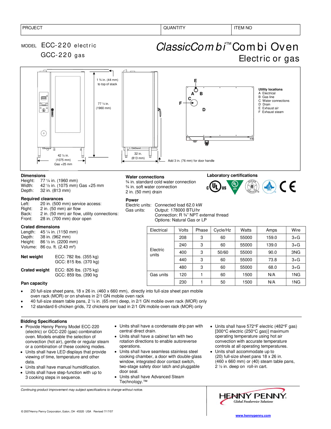 Henny Penny ECC-220, GCC-220 Dimensions, Required clearances, Crated dimensions, Pan capacity Water connections, Power 