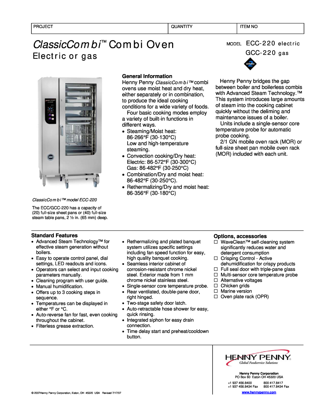 Henny Penny GCC-220 gas manual MODEL ECC-220 electric, ClassicCombi Combi Oven, Electric or gas, General Information 