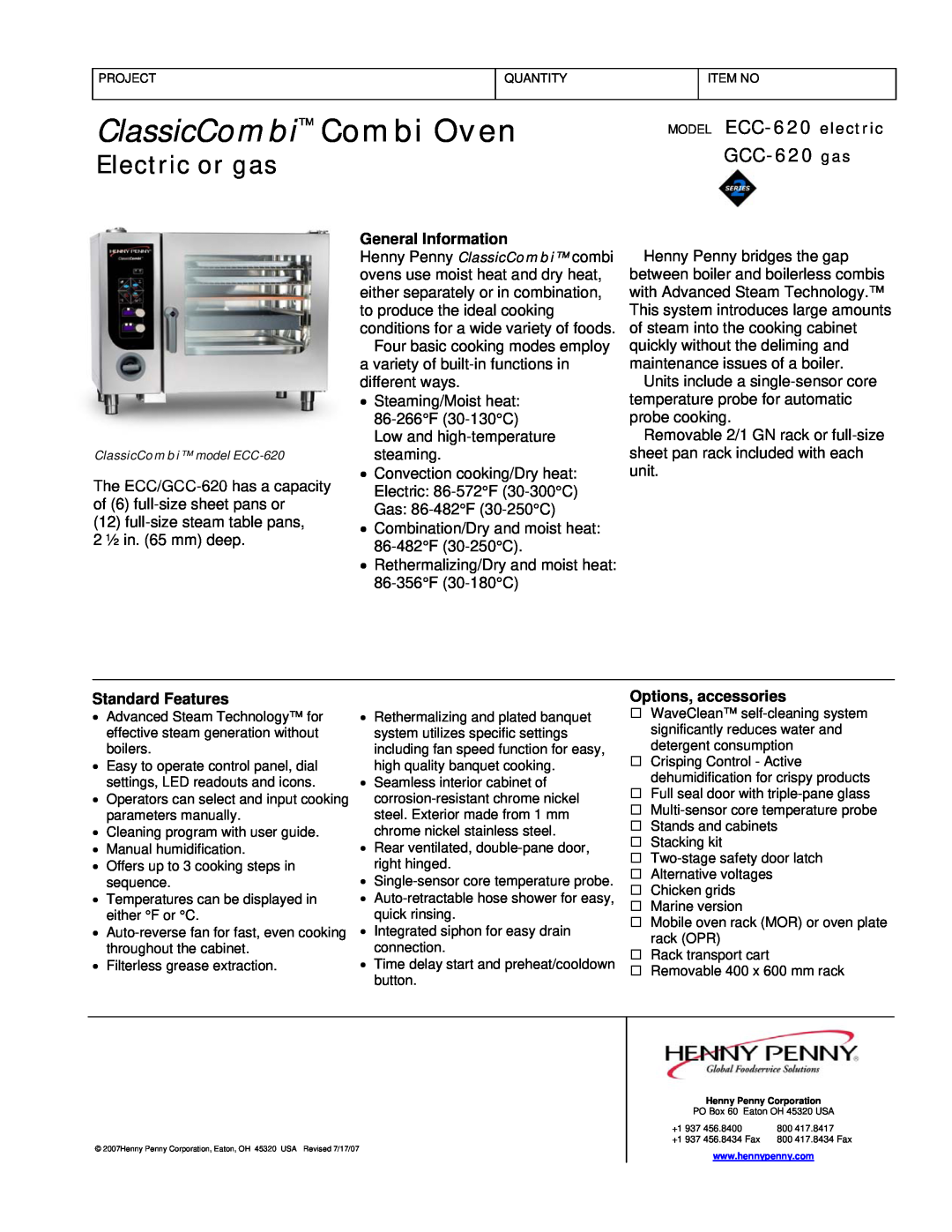 Henny Penny manual MODEL ECC-620 electric, GCC-620 gas, ClassicCombi Combi Oven, Electric or gas, General Information 