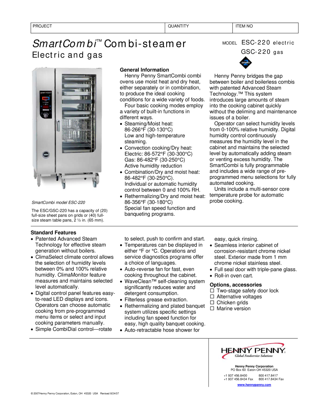 Henny Penny ESC-220, GSC-220 Gas manual General Information, Standard Features, Options, accessories 