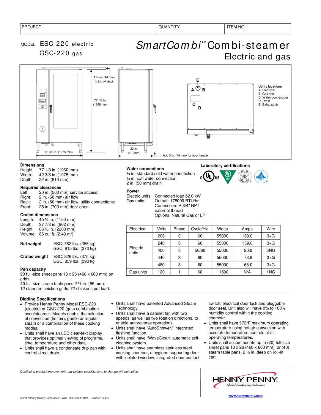 Henny Penny GSC-220 Dimensions, Water connections Laboratory certifications, Required clearances, Crated dimensions, Power 