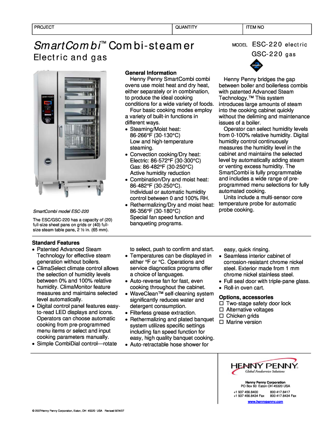 Henny Penny manual MODEL ESC-220 electric, GSC-220 gas, SmartCombi Combi-steamer, Electric and gas, General Information 