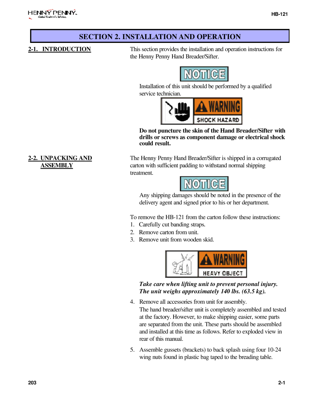 Henny Penny HB-121 manual Introduction, Unpacking, Assembly 