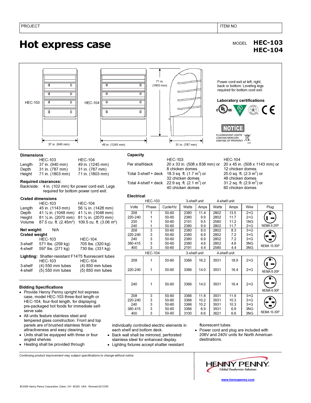 Henny Penny HEC-103 Dimensions, Required clearances, Crated dimensions, Net weight Crated weight, Capacity, Electrical 