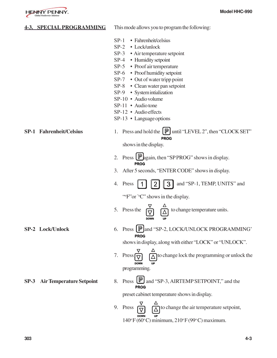 Henny Penny HHC-993, HHC-990, HHC-997, HHC-992 manual SP-1 Fahrenheit/Celsius, SP-2 Lock/Unlock, SP-3 Air Temperature Setpoint 