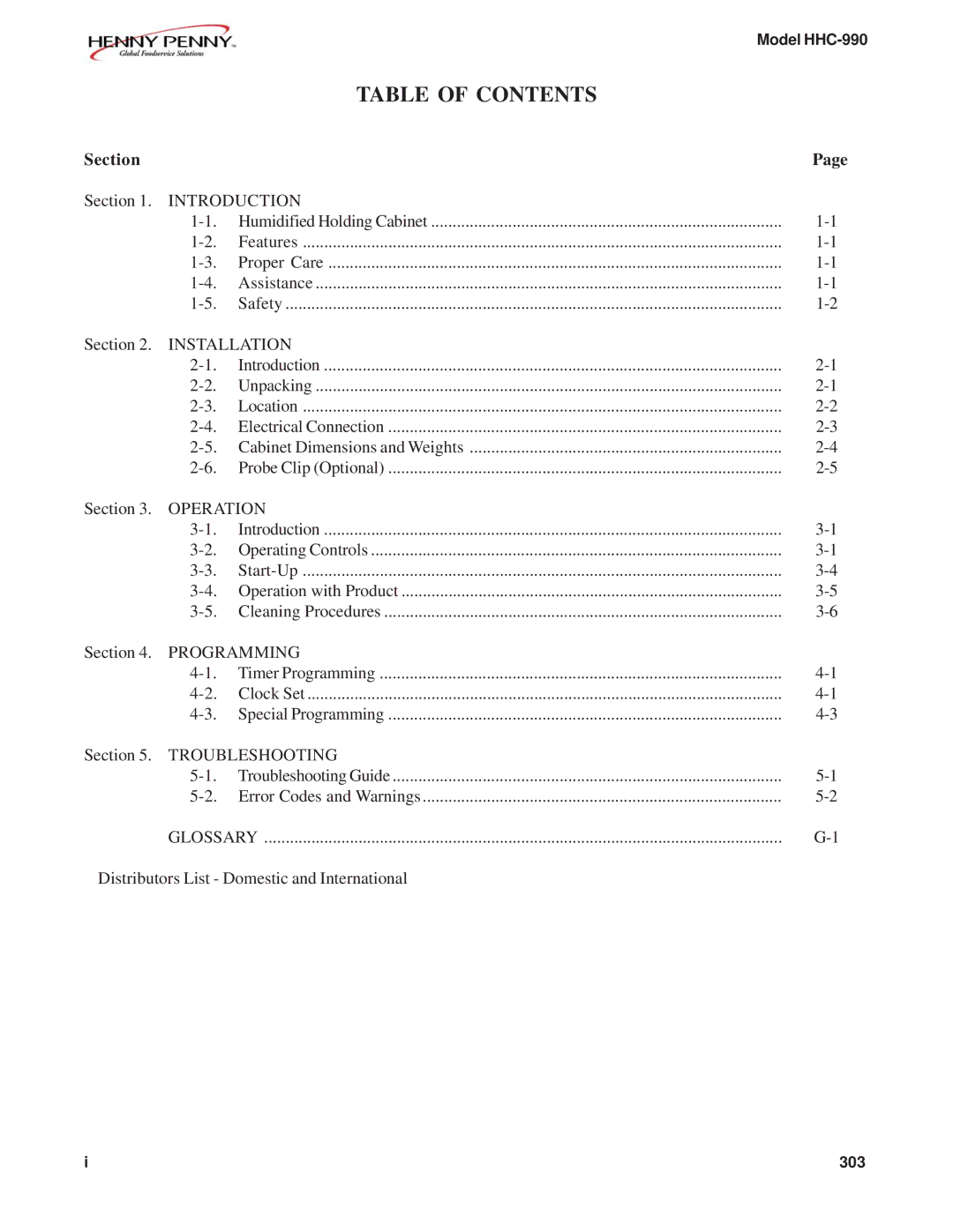 Henny Penny HHC-992, HHC-990, HHC-997, HHC-993, HHC-996, HHC-998 manual Table of Contents 