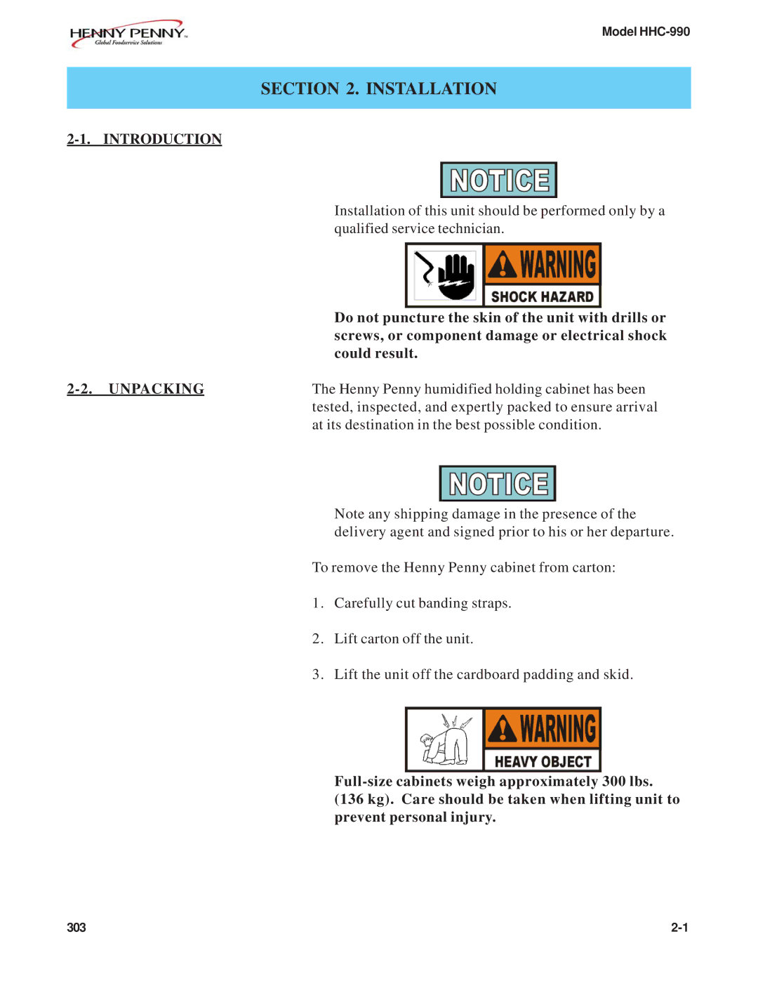 Henny Penny HHC-990, HHC-997, HHC-993, HHC-992, HHC-996, HHC-998 manual Installation, Introduction, Unpacking 