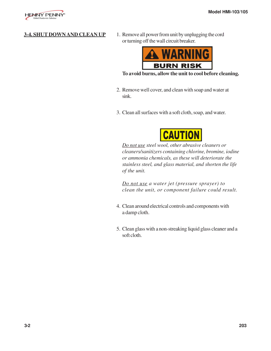 Henny Penny HMI-105, HMI-103 manual To avoid burns, allow the unit to cool before cleaning 