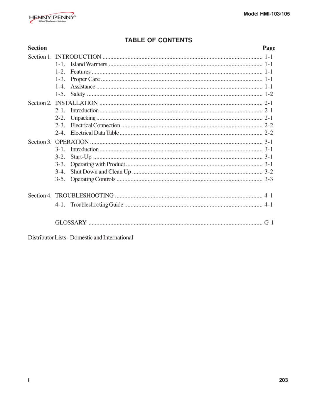 Henny Penny HMI-105, HMI-103 manual Table of Contents 