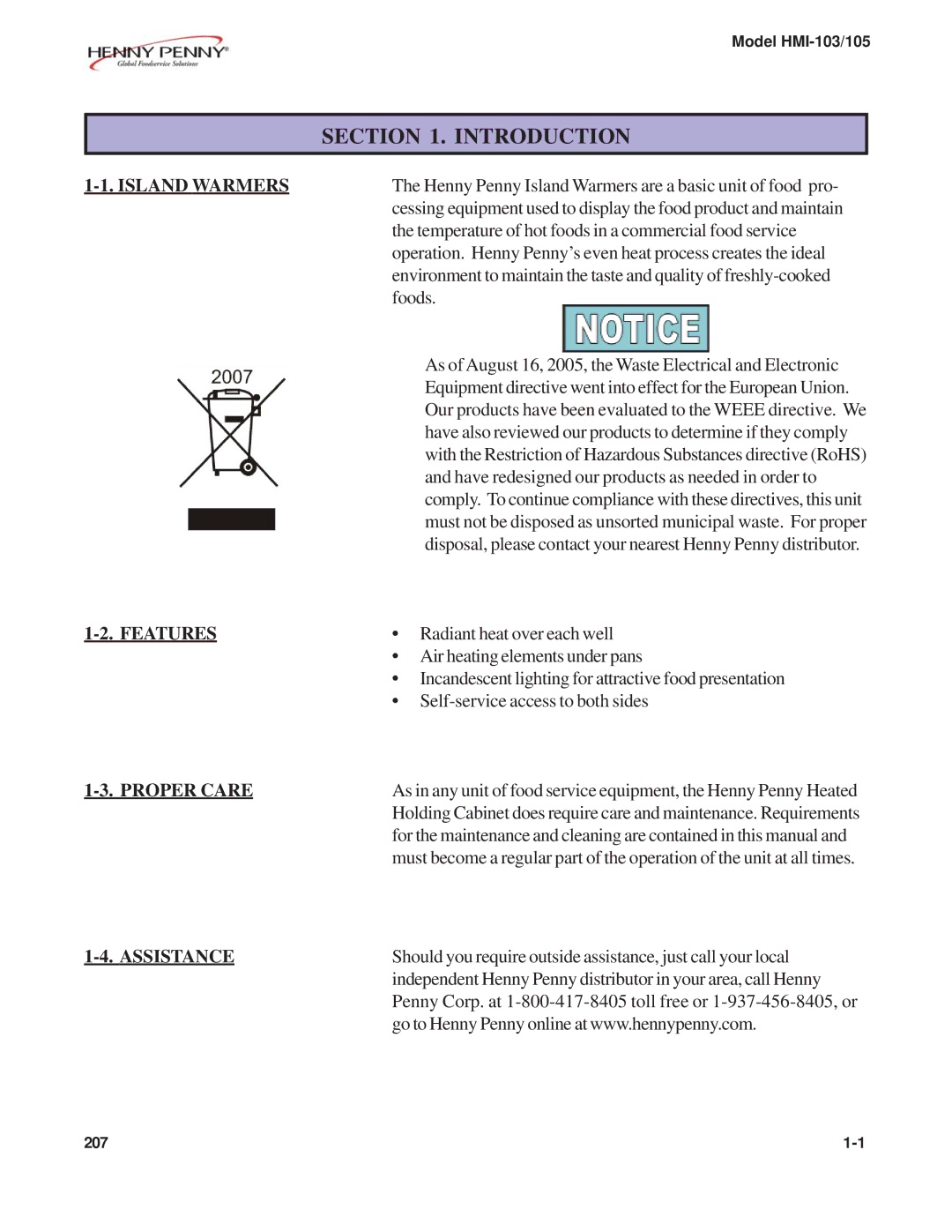 Henny Penny HMI-103, HMI-105 manual Introduction, Island Warmers, Features, Proper Care, Assistance 
