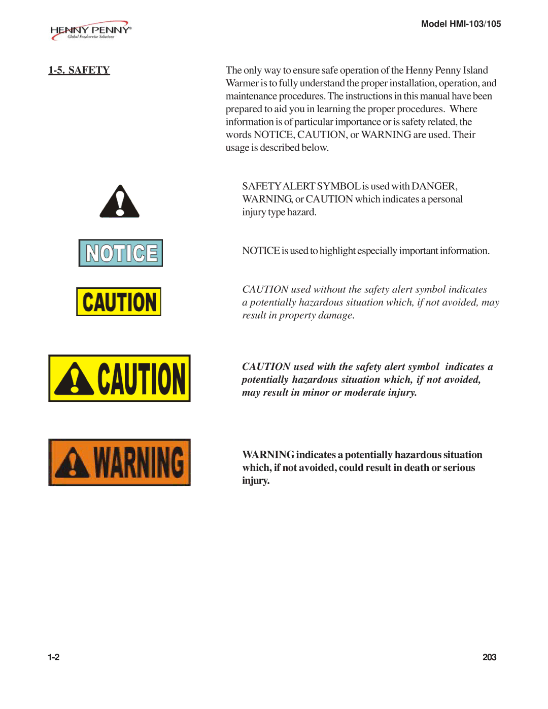 Henny Penny HMI-105, HMI-103 manual Safety 