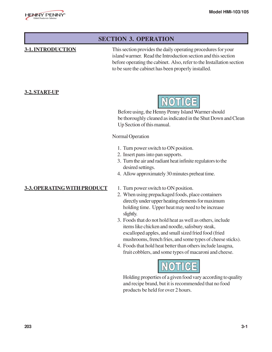 Henny Penny HMI-103, HMI-105 manual Operation, Start-Up 