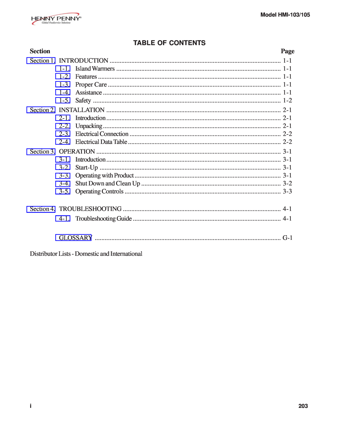 Henny Penny HMI-105, HMI-103 manual Section, Page, Table Of Contents 