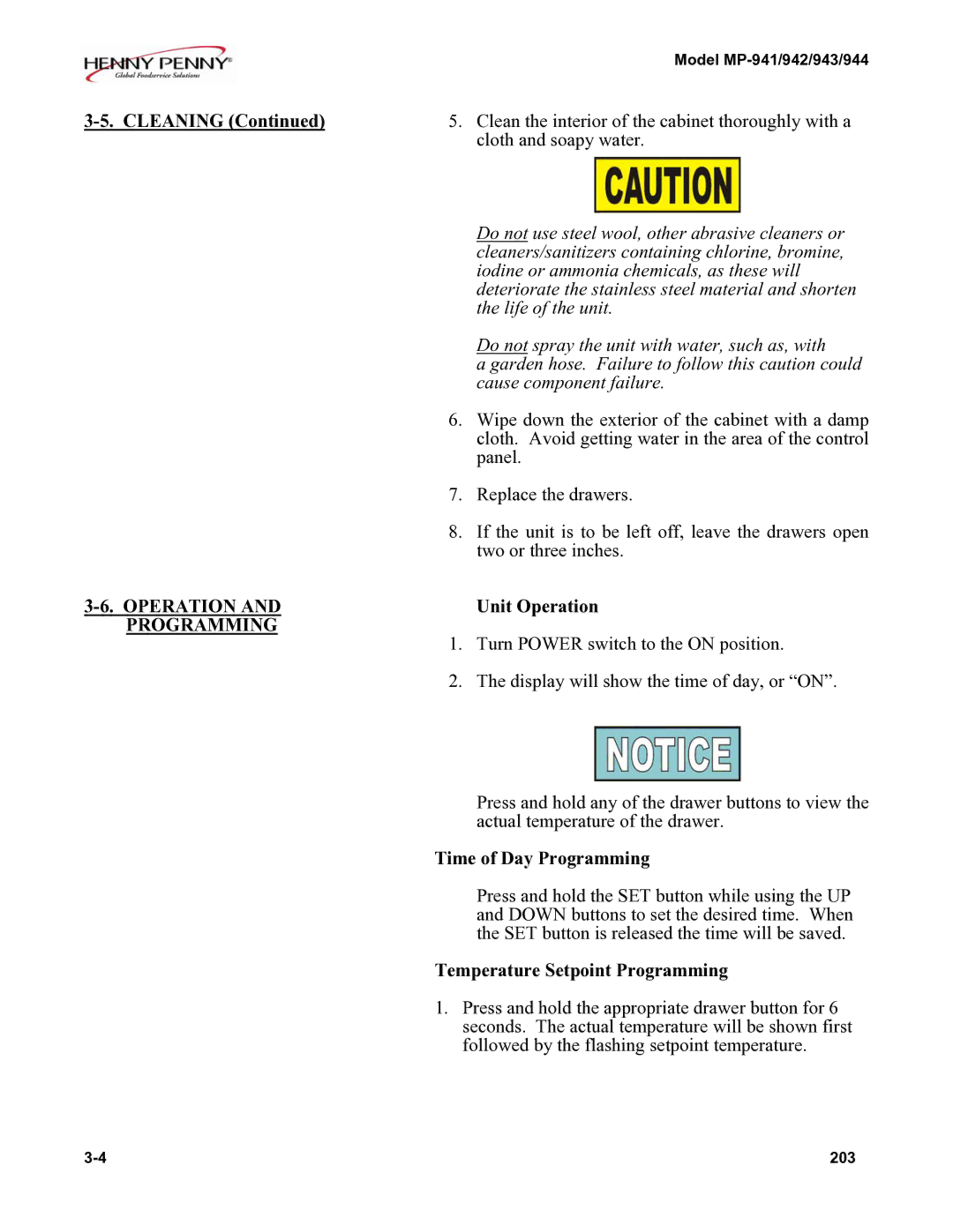 Henny Penny MP-943, MP-944, MP-941, MP-942 manual Time of Day Programming, Temperature Setpoint Programming 