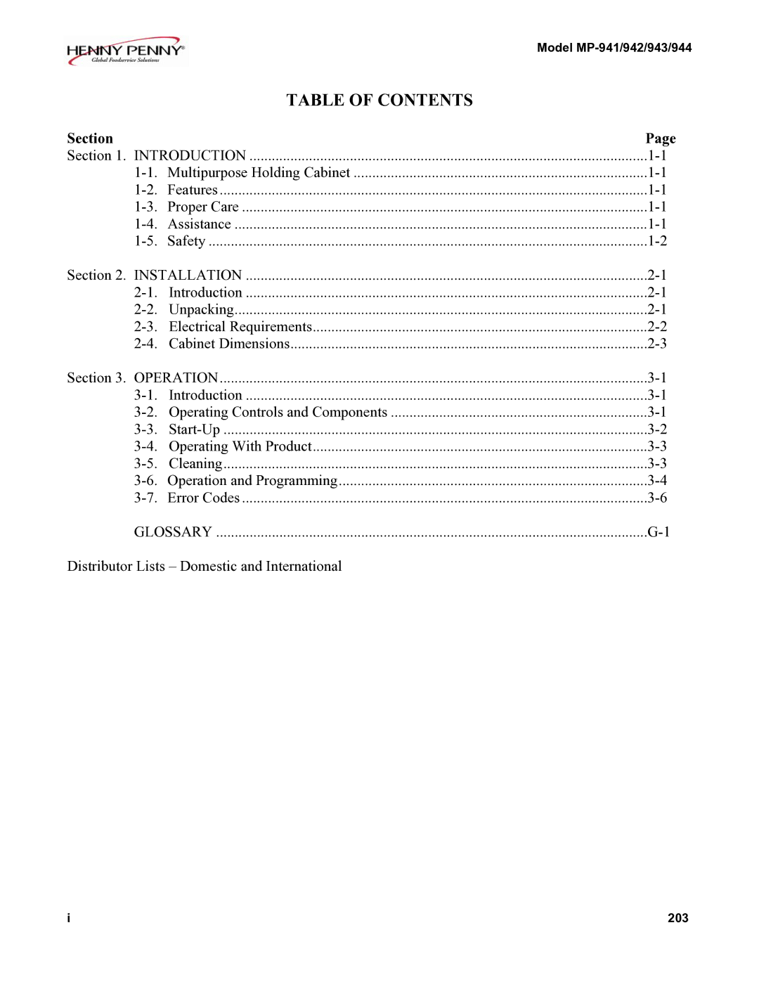 Henny Penny MP-942, MP-944, MP-943, MP-941 manual Table of Contents 