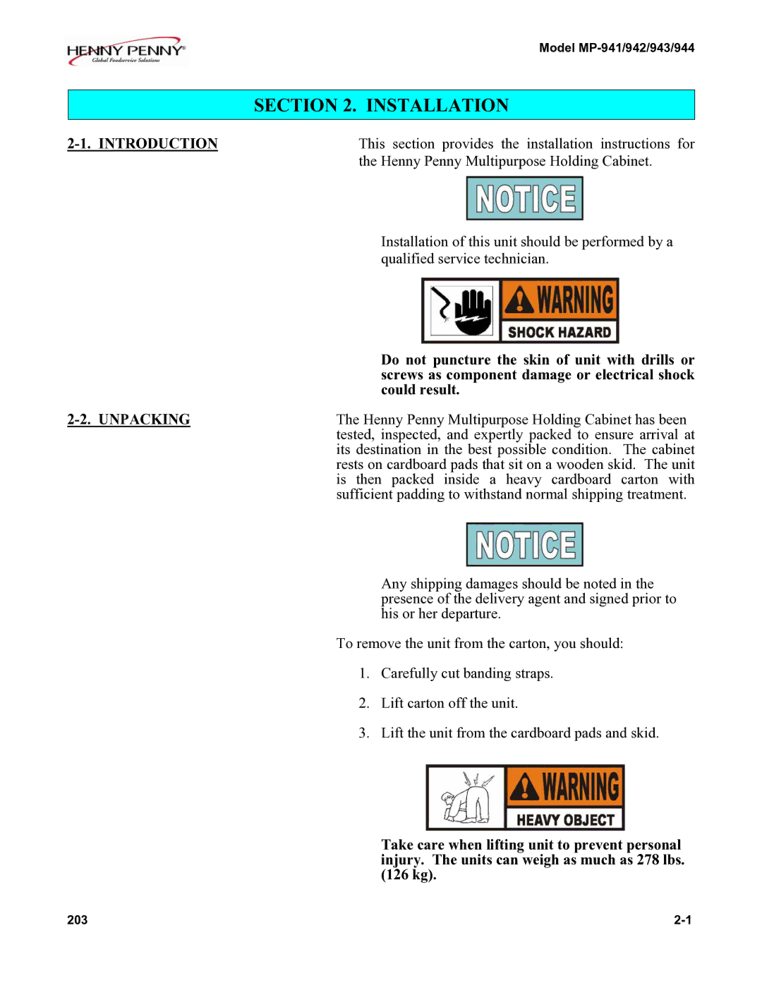 Henny Penny MP-941, MP-944, MP-943, MP-942 manual Introduction, Unpacking 