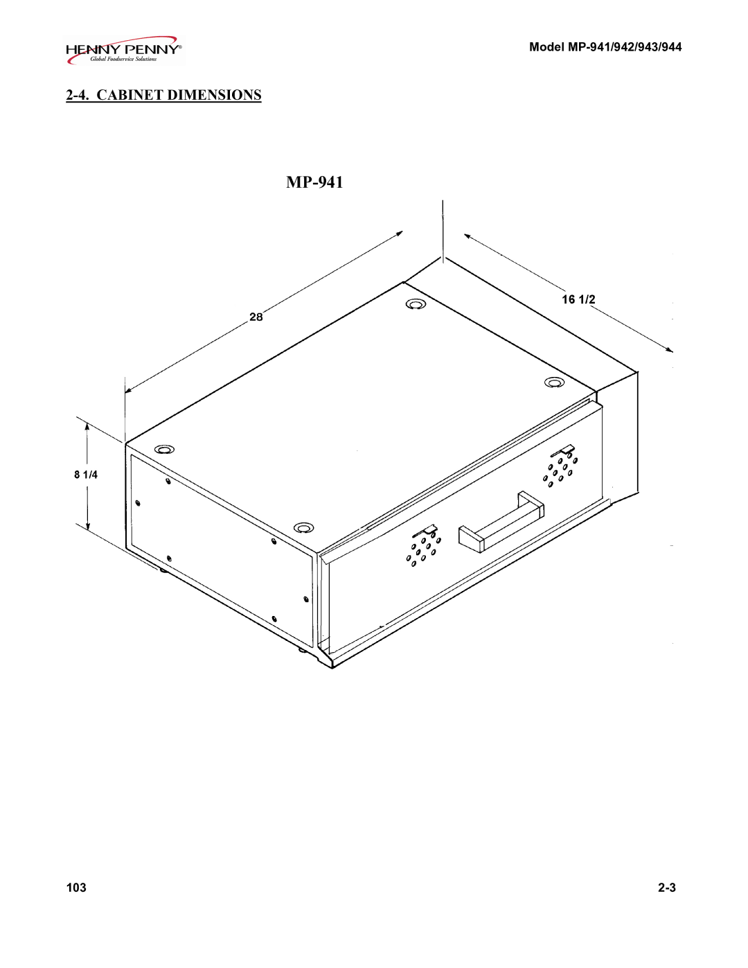 Henny Penny MP-944, MP-943, MP-941, MP-942 manual Cabinet Dimensions 