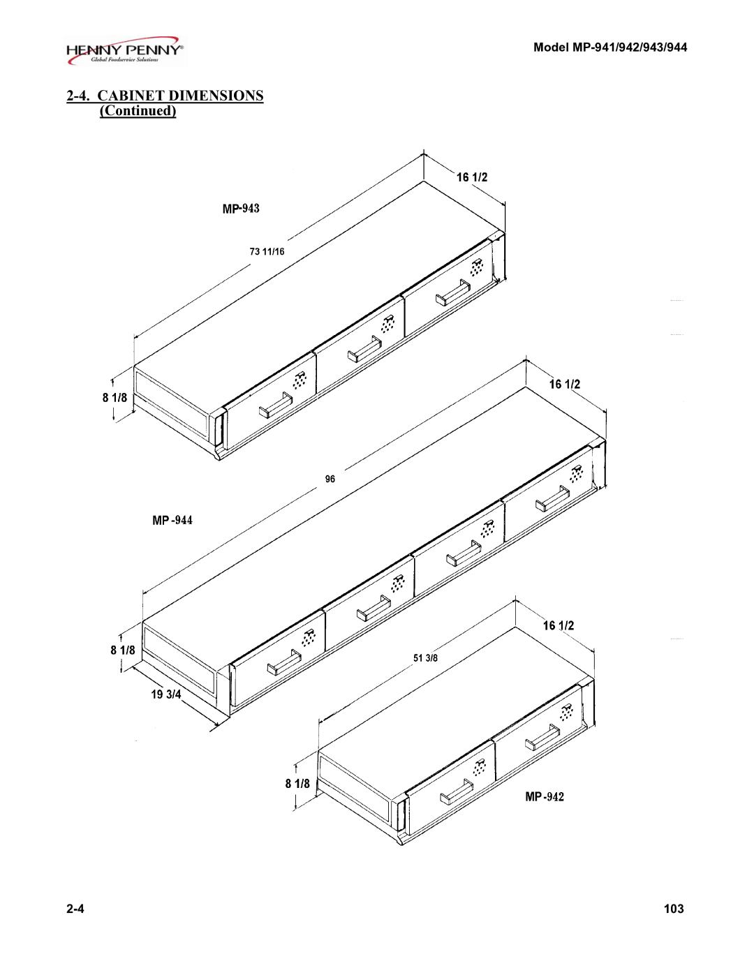 Henny Penny MP-943, MP-944, MP-941, MP-942 manual Cabinet Dimensions 