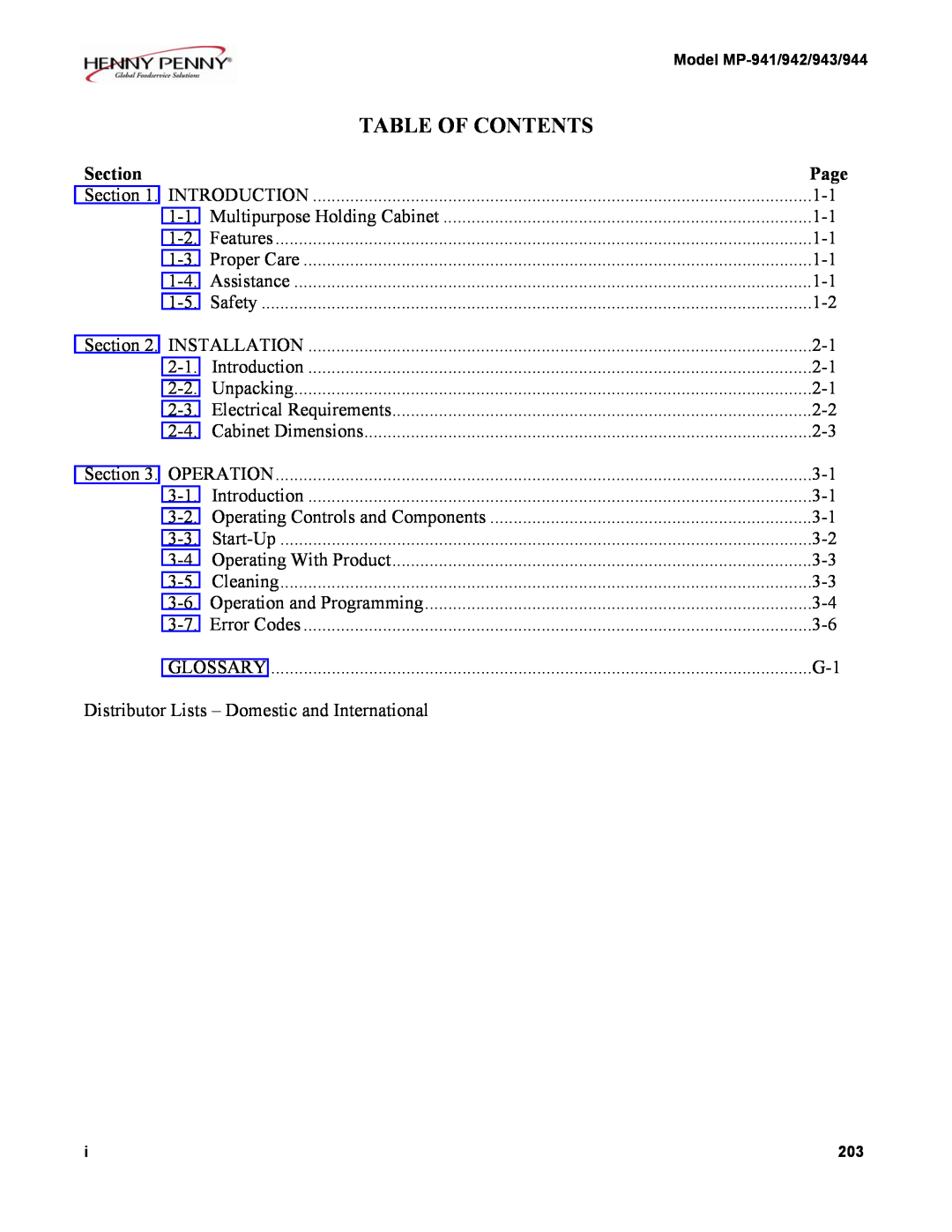 Henny Penny MP-942, MP-944, MP-943, MP-941 manual Table Of Contents, Section, Page 