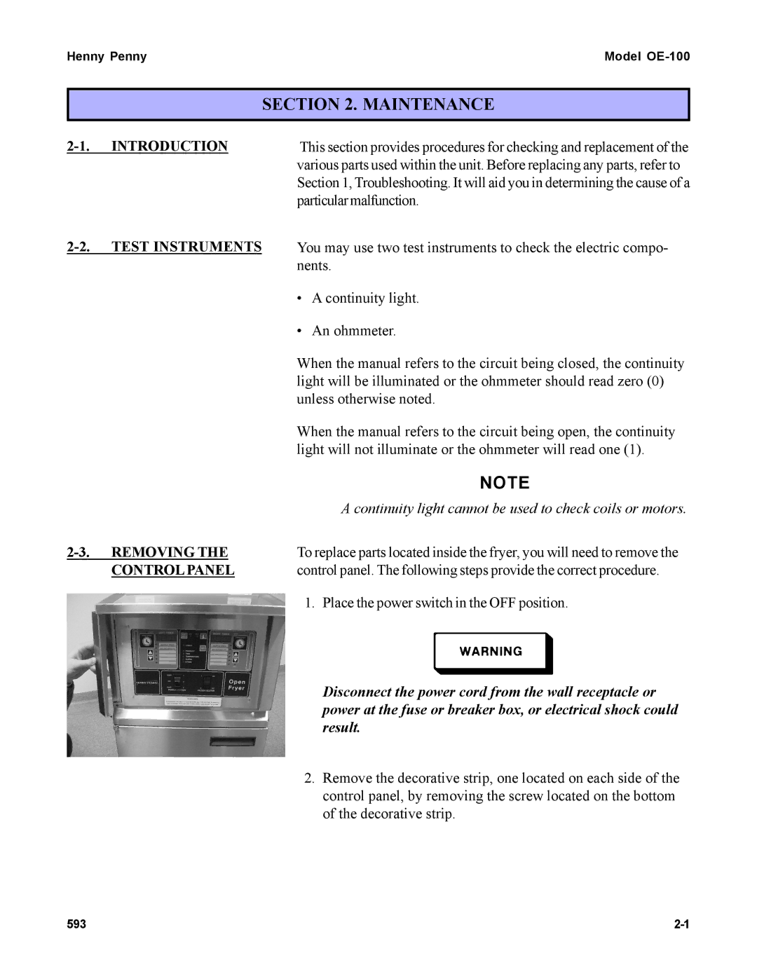 Henny Penny OE-100 manual Introduction, Test Instruments, Removing, Control Panel 