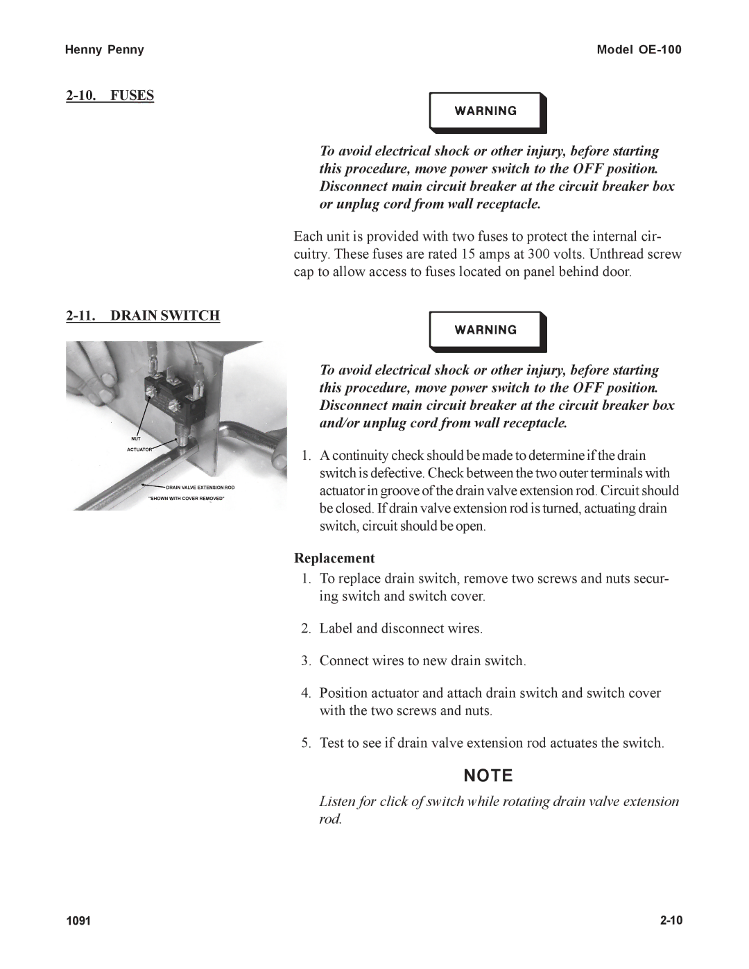 Henny Penny OE-100 manual Fuses, Drain Switch 