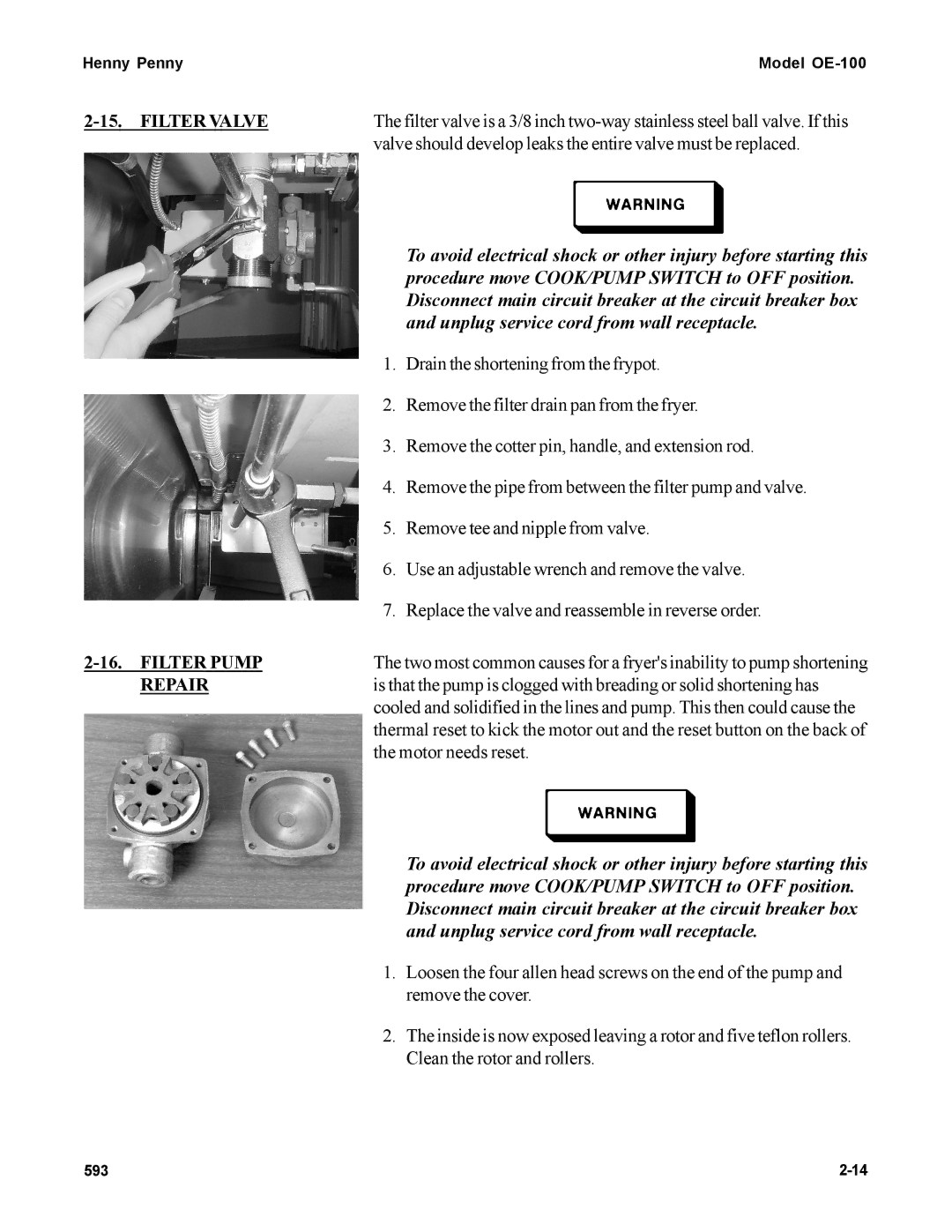Henny Penny OE-100 manual Filter Valve, Filter Pump 
