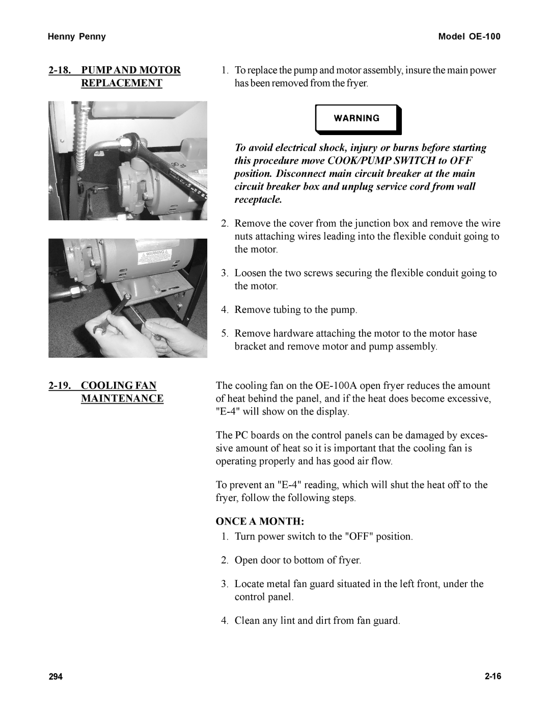 Henny Penny OE-100 manual Pumpand Motor, Replacement, Cooling FAN, Maintenance, Once a Month 