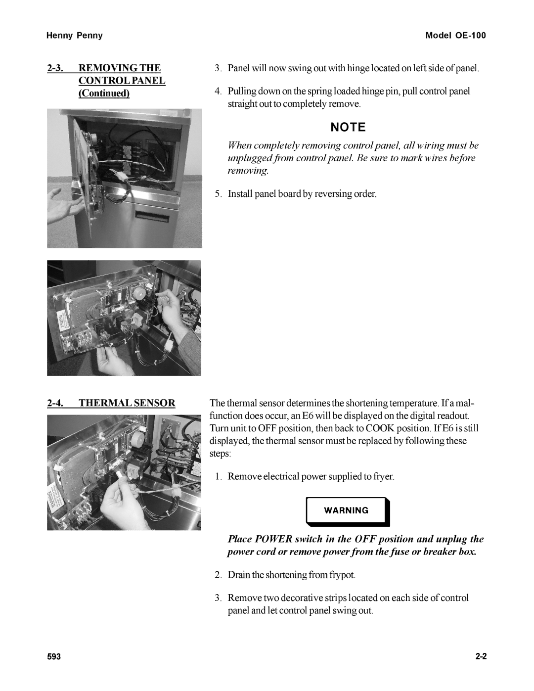Henny Penny OE-100 manual Removing the Control Panel, Thermal Sensor 