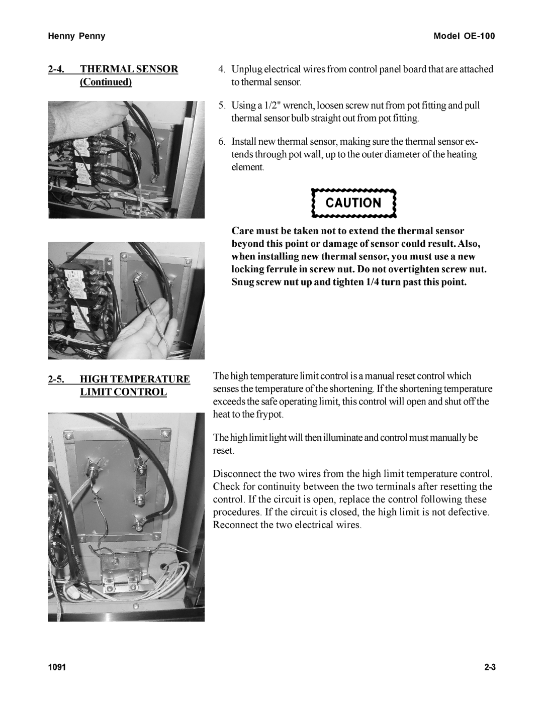 Henny Penny OE-100 manual Thermal Sensor, High Temperature Limit Control 