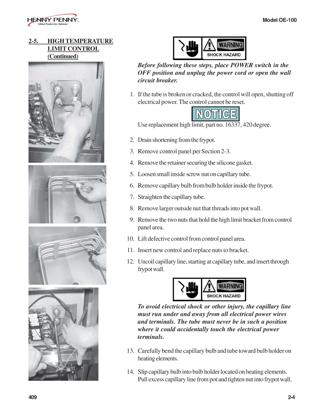 Henny Penny OE-100 manual High Temperature 